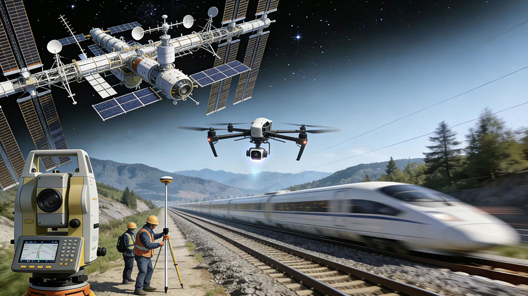 Beidou satellite, drone, and ground surveying integrated for China's smart high-speed rail revolution.